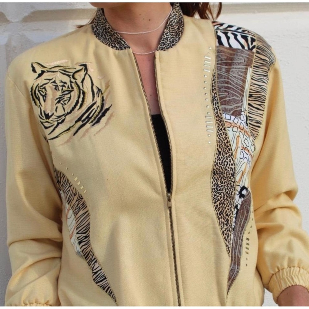 Vintage Tiger Patchwork Bomber Jacket M Mob Wife Animal Print Zebra Safari Track